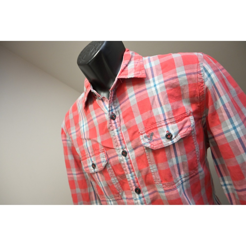 American Eagle Button Down Camp Shirt Mens Medium‎ Red Plaid Vintage Fit